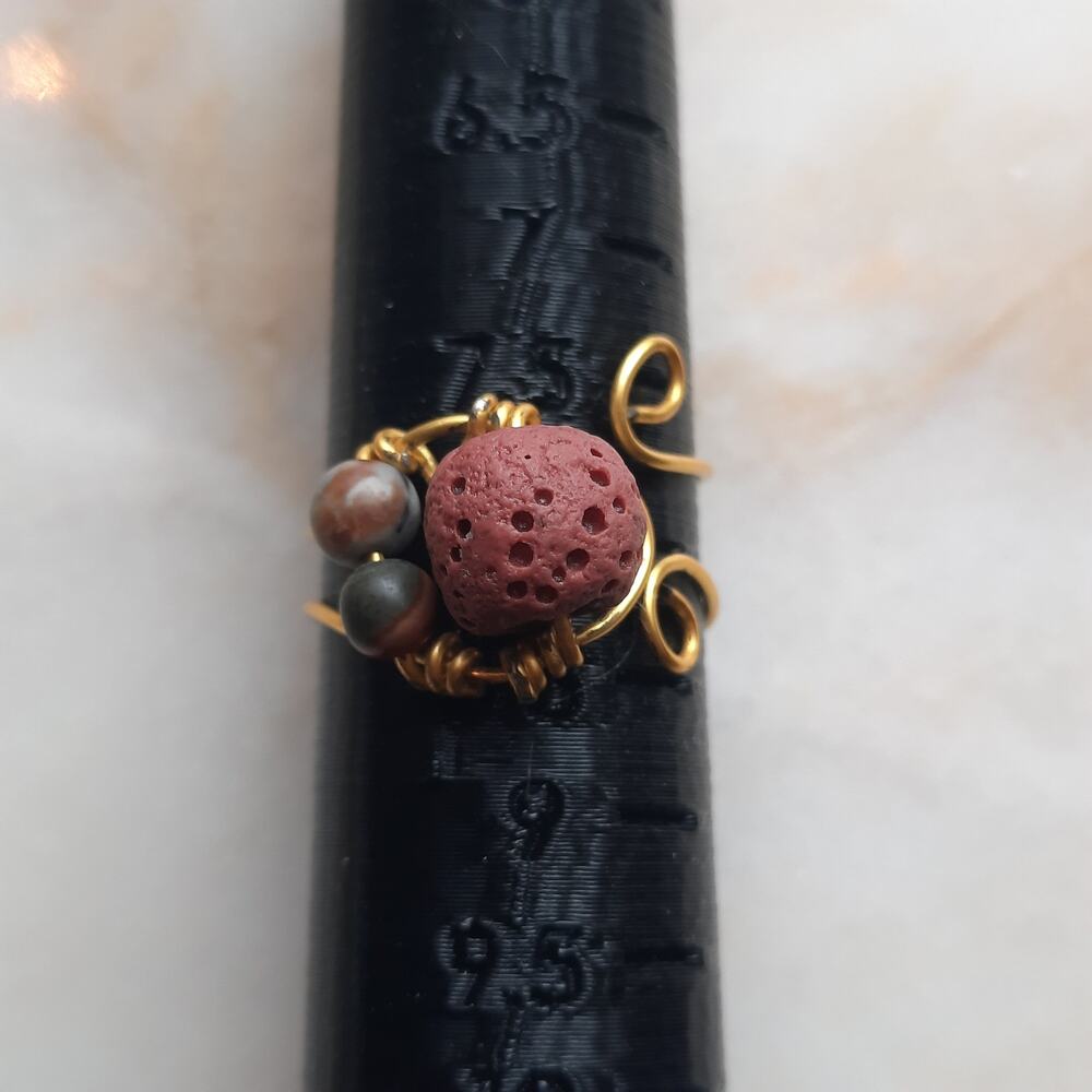 Artisan Lava Rock Diffuser Ring Adjustable Triple Gemstone Gold Tone Red Beaded